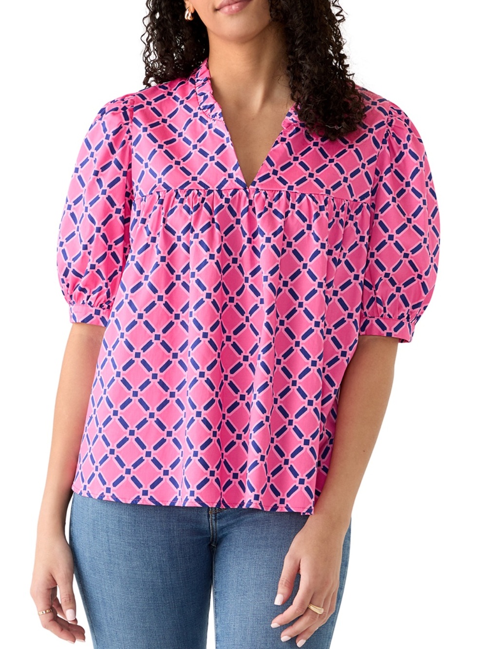 Pink Geometric V-Neck Puff-Sleeve Blouse